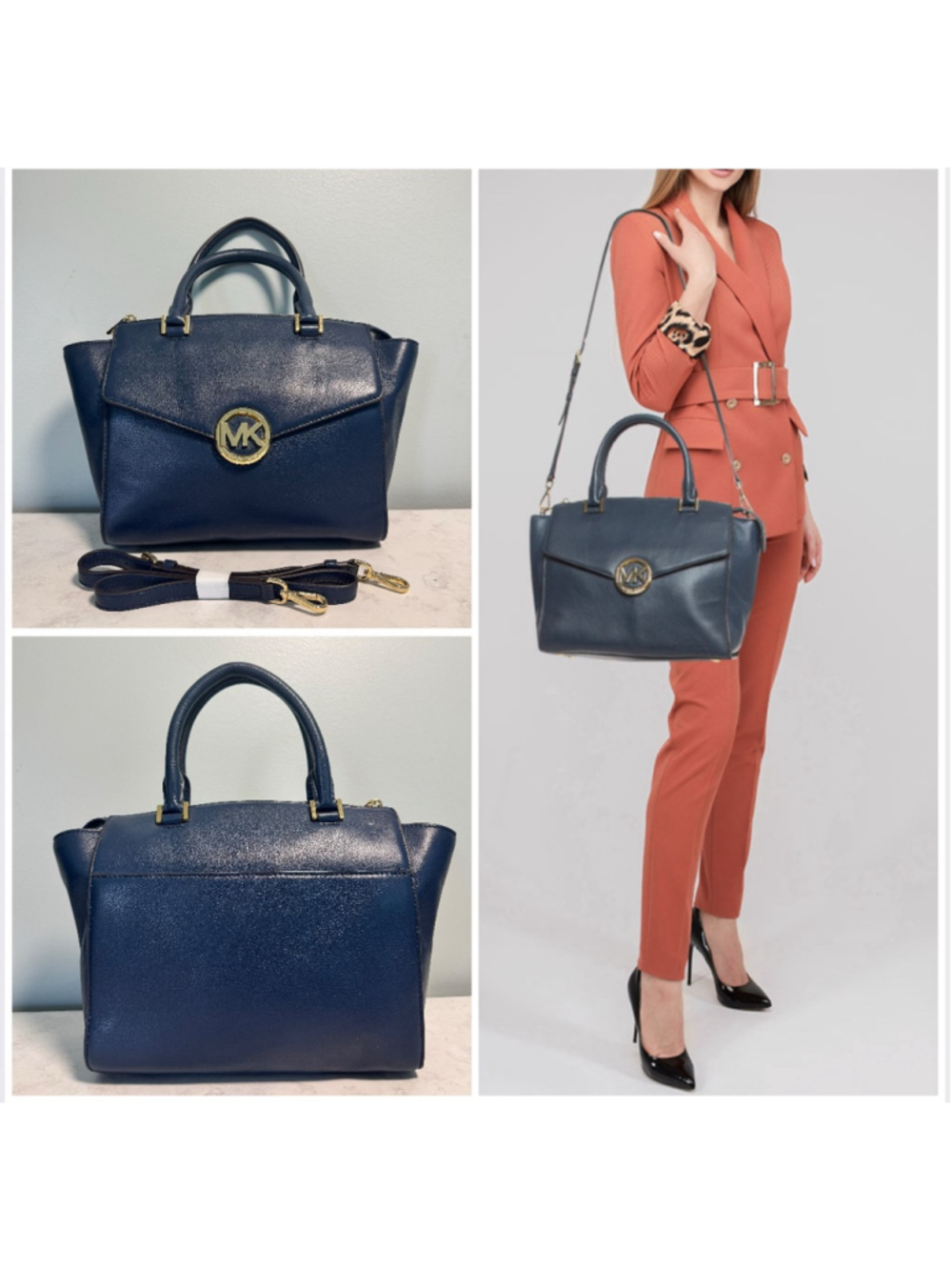 Women's Michael Kors Leather Large Hudson Satchel Tote Navy Blue Gold Logo